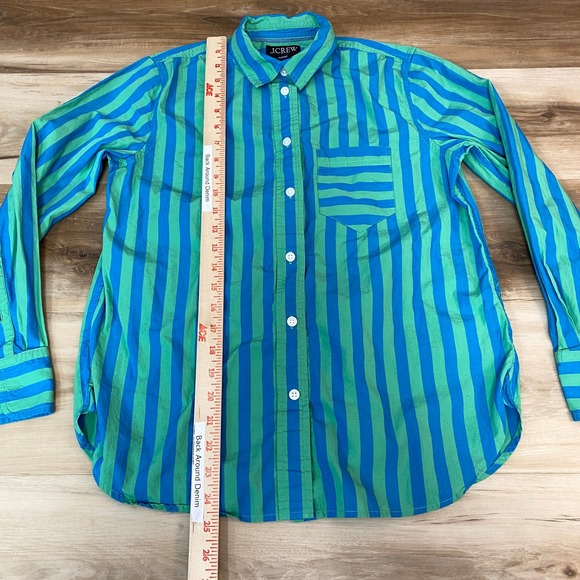J.Crew Cotton Poplin Shirt Womens 4 Blue Green Striped Button Up Classic Fit - Picture 5 of 9